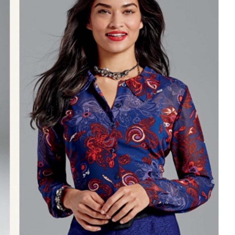 Cabi G2274 Blue Floral Amour Semi Sheer Button Up Long Sleeve Blouse Top Size SM